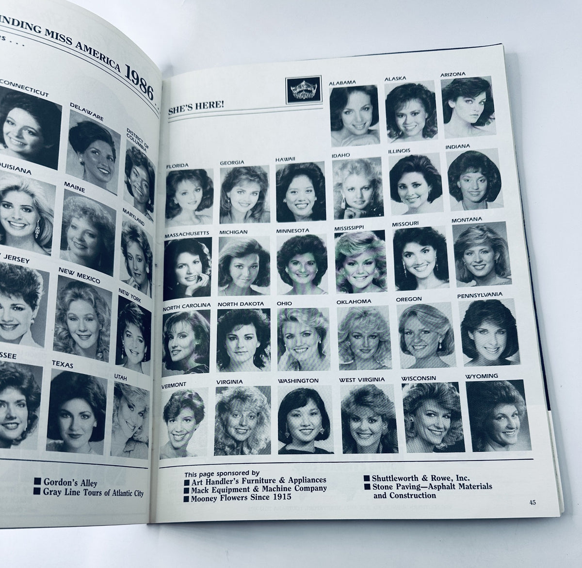 Another inside page of The 1985 Miss America Pageant Magazine Official Program, featuring a collage of contestant photos from various states, emphasizing the diversity of participants in the pageant.