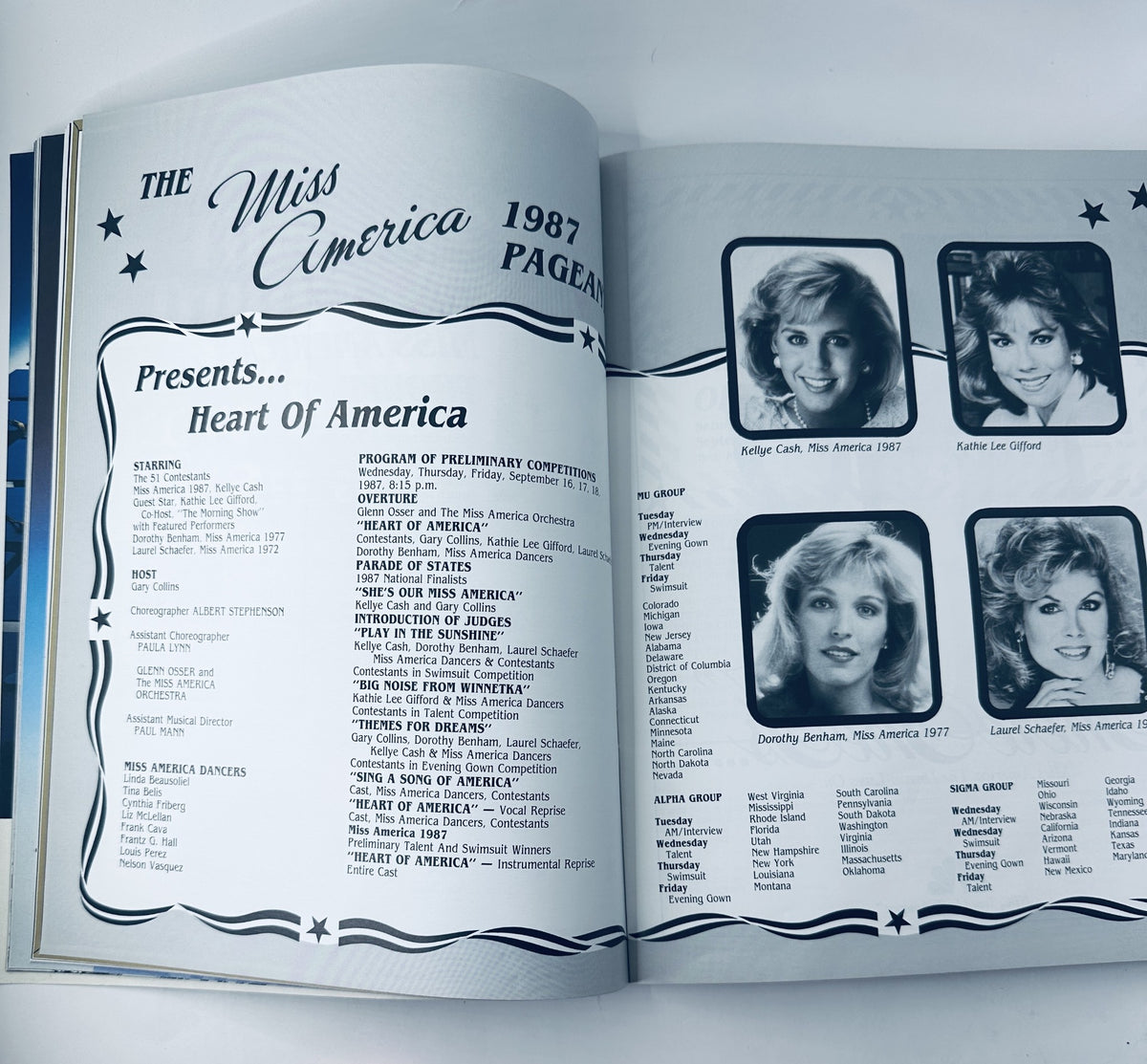Inside page of The 1987 Miss America Pageant Magazine, presenting the cast and program details, including Kellye Cash as Miss America 1987 and Kathie Lee Gifford as a guest star.