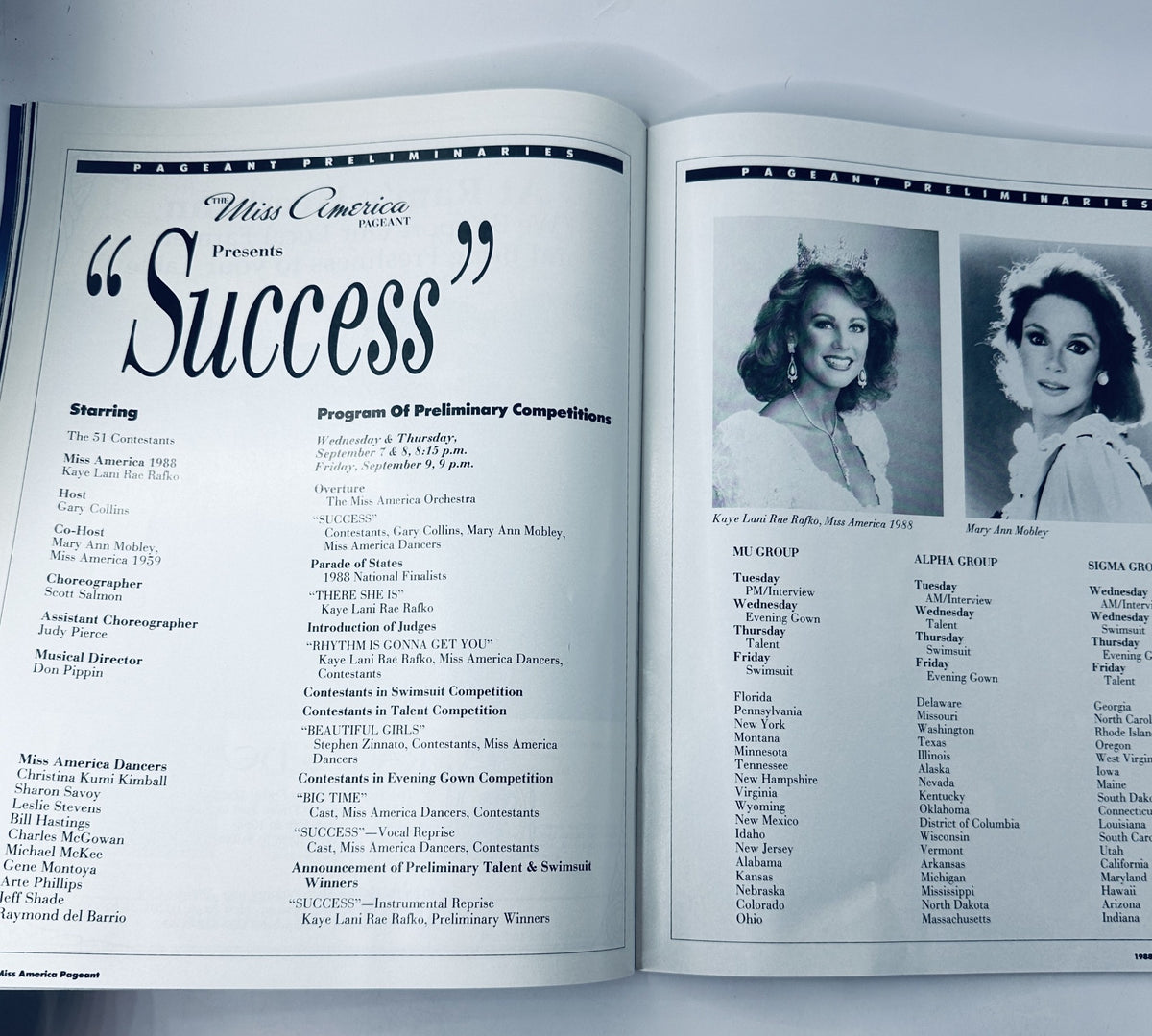 The 1988 Miss America Pageant Magazine Program featuring Kaye Lani Rae Rafko on the cover, showcasing the event theme 'Success' and the program of preliminary competitions.