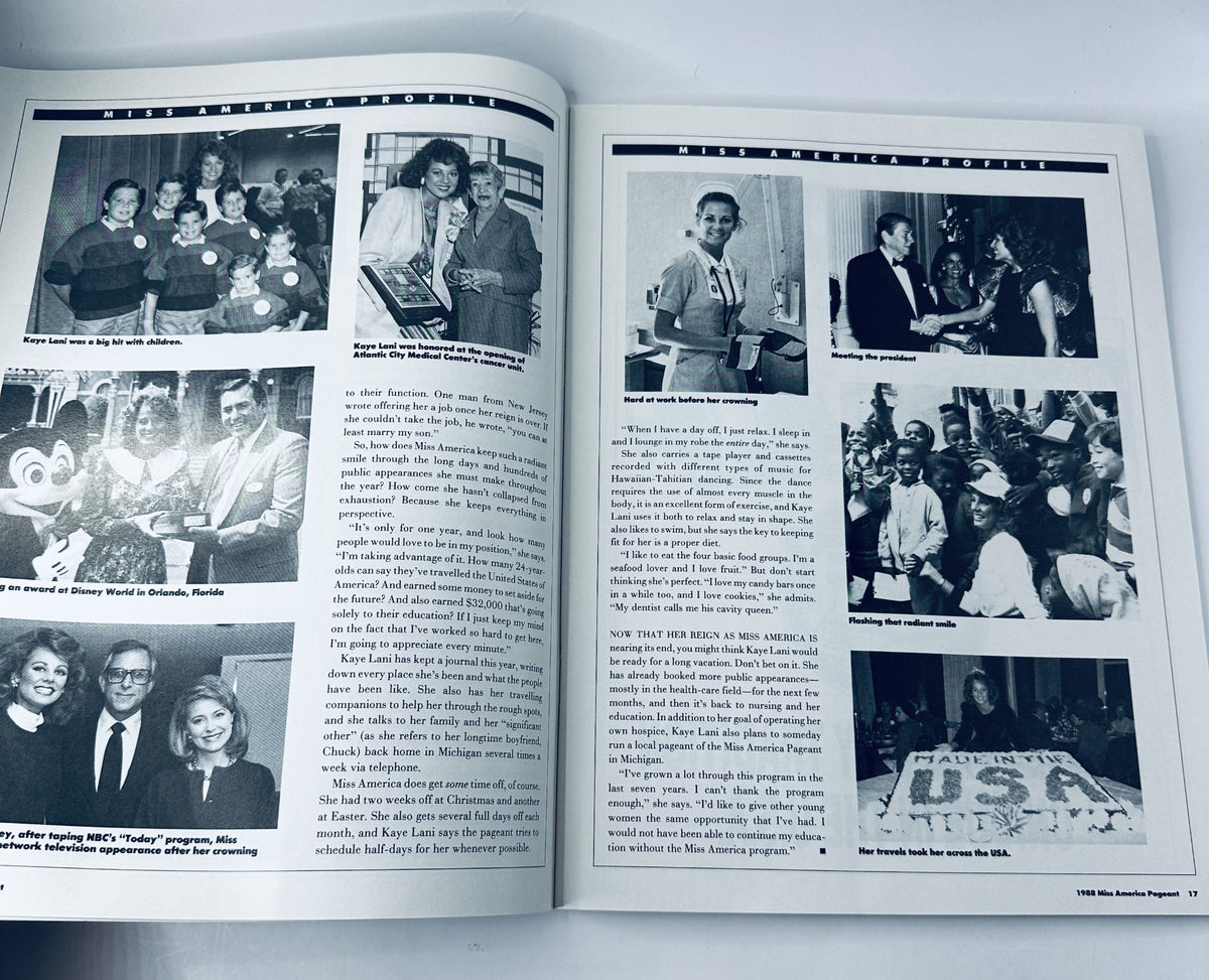 Inside pages of The 1988 Miss America Pageant Magazine Program, highlighting Kaye Lani Rae Rafko, past winners, and notable moments from the event.
