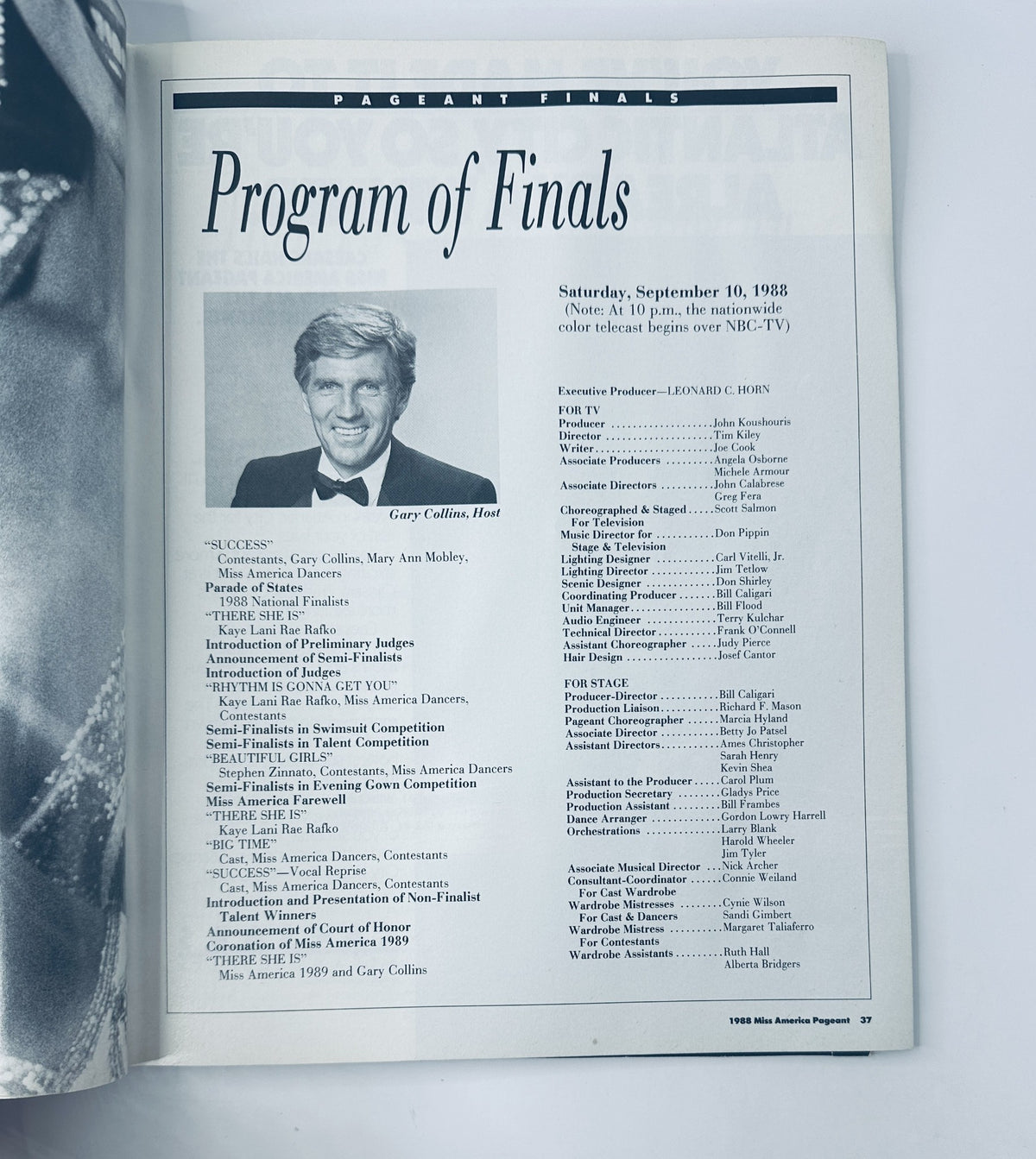 Inside page of 'The 1988 Miss America Pageant Magazine Program' displaying the 'Program of Finals' section, hosted by Gary Collins, outlining the schedule for the pageant event.