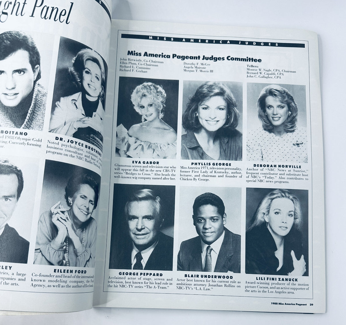 1988 Miss America Pageant Magazine Program featuring the judges committee, including notable figures such as Eva Gabor and George Peppard. The image displays headshots of the judges during the Miss America Pageant.