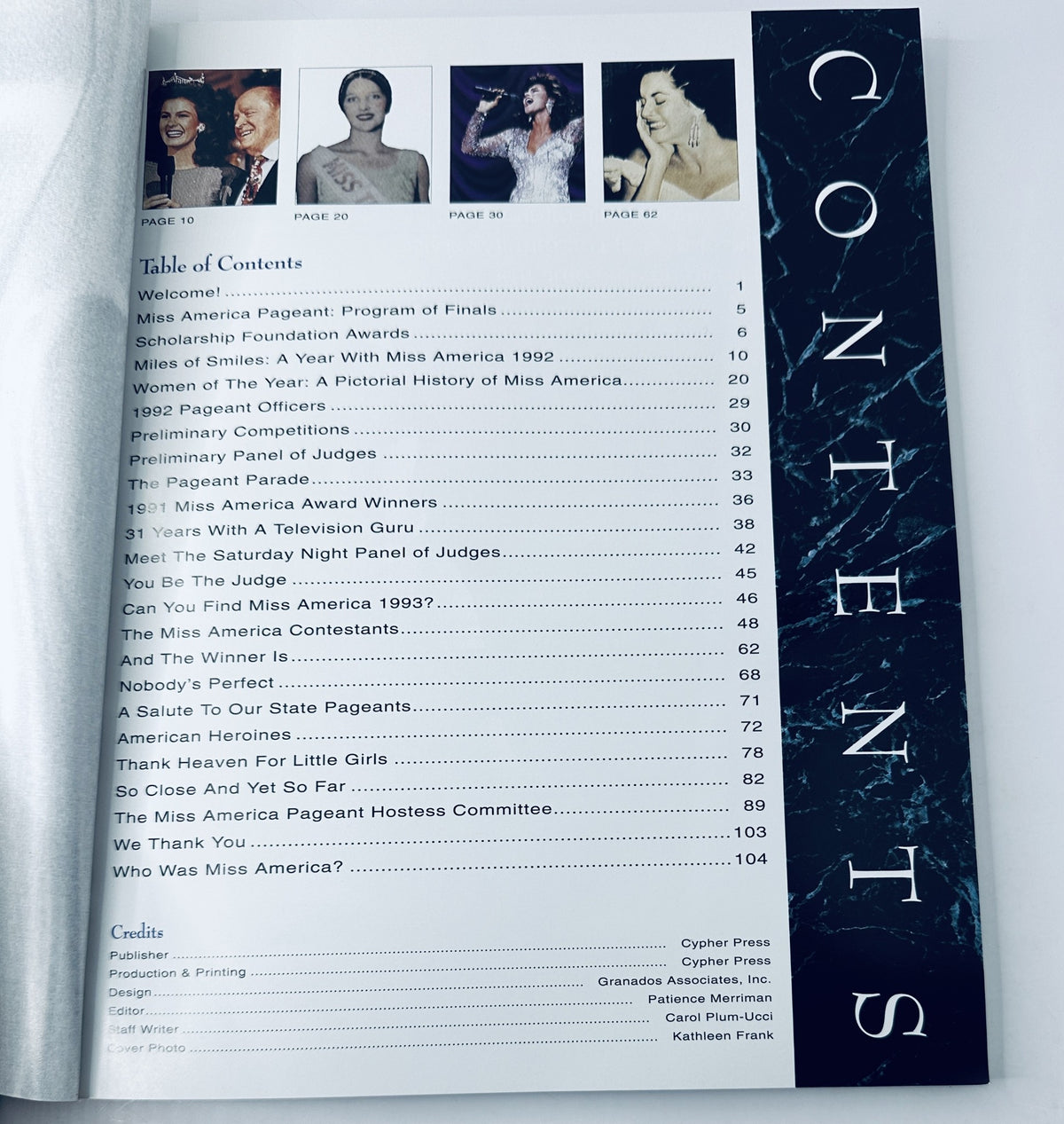 Inside page showing the Table of Contents from The 1992 Miss America Pageant Magazine Official Program, with detailed listings of featured sections and events.