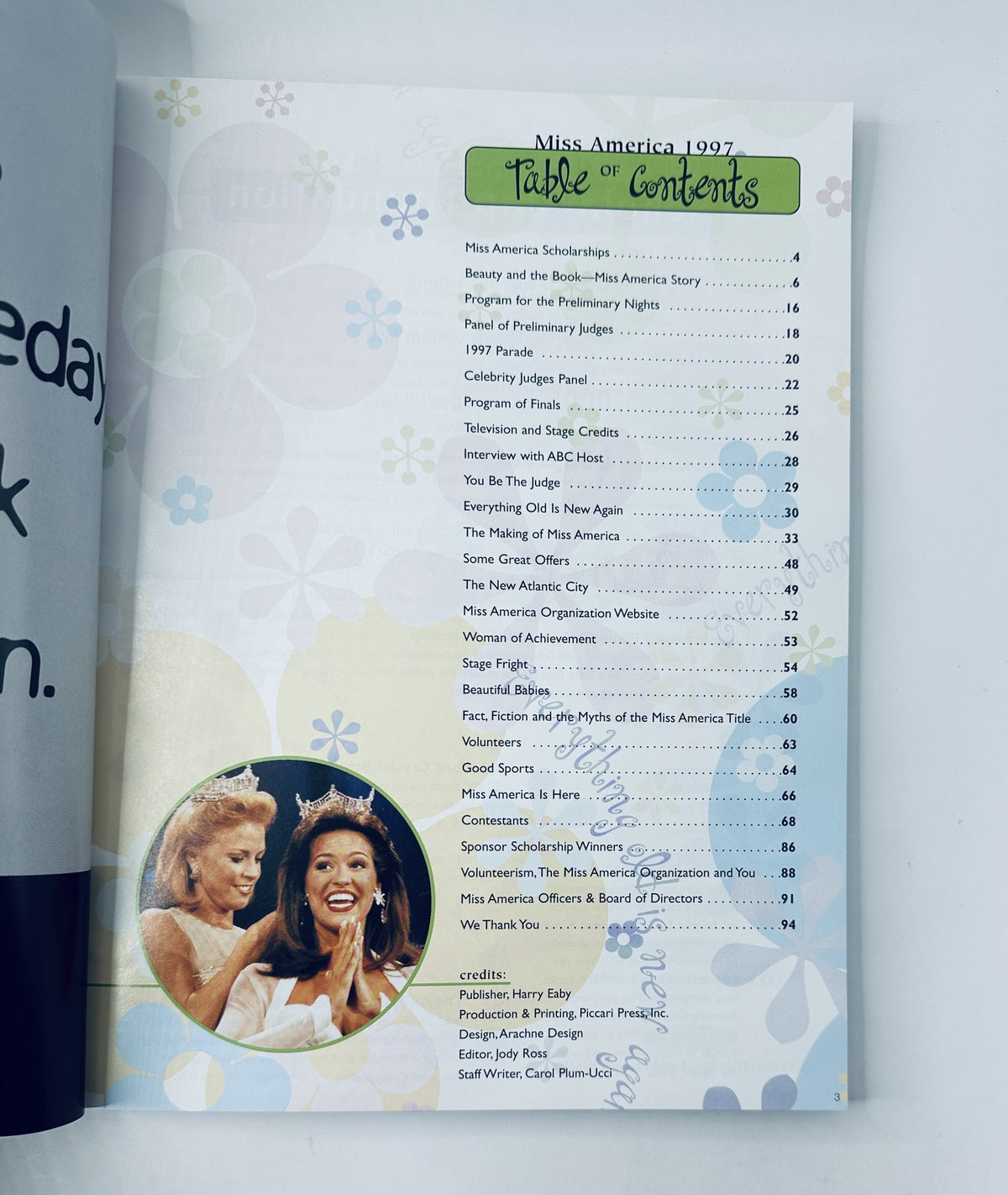 Table of contents page from The 1997 Miss America Pageant Magazine Program, listing articles and features including Miss America Scholarships and the Program of Finals.