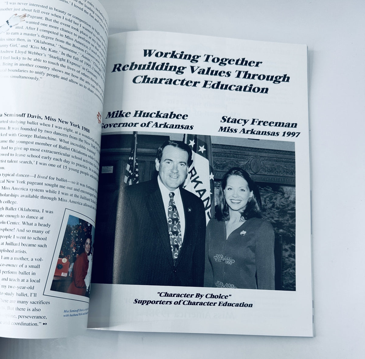 Page in The 1997 Miss America Pageant Magazine Program featuring a photo of Mike Huckabee and Stacy Freeman, discussing character education initiatives.