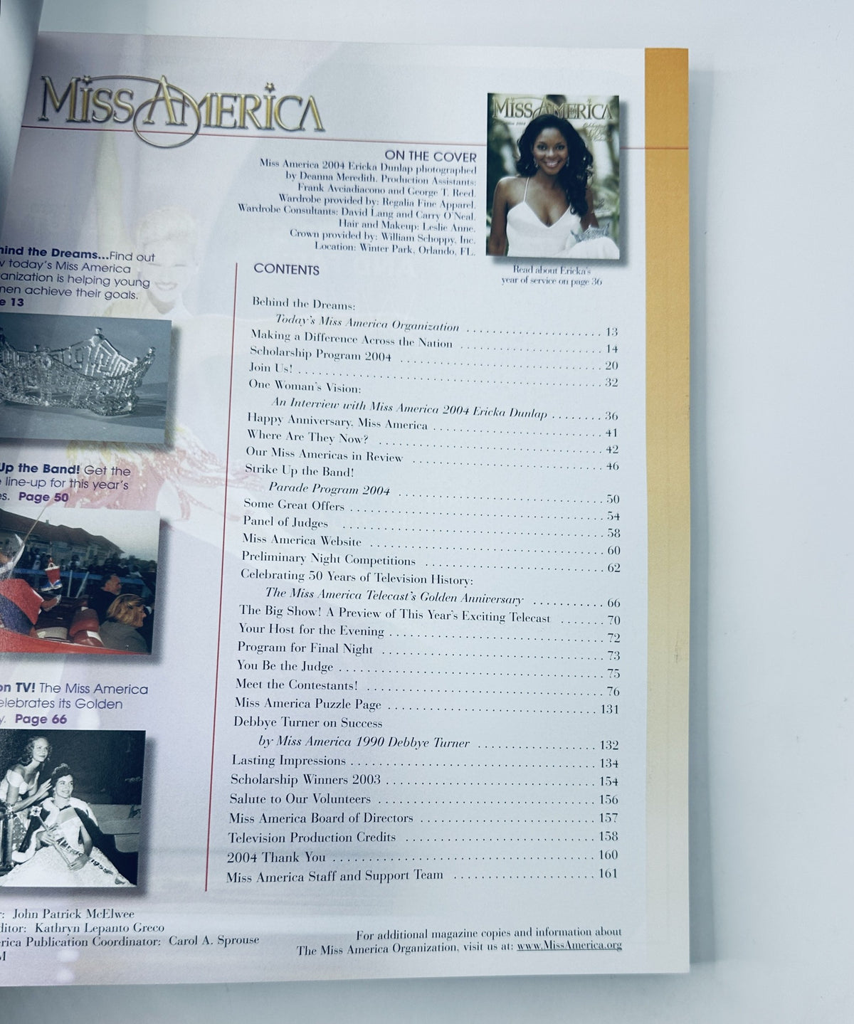 Inside page of Miss America Magazine 2004, including the Table of Contents with features such as 'Behind the Dreams' and 'One Woman’s Vision' featuring Erika Dunlap.