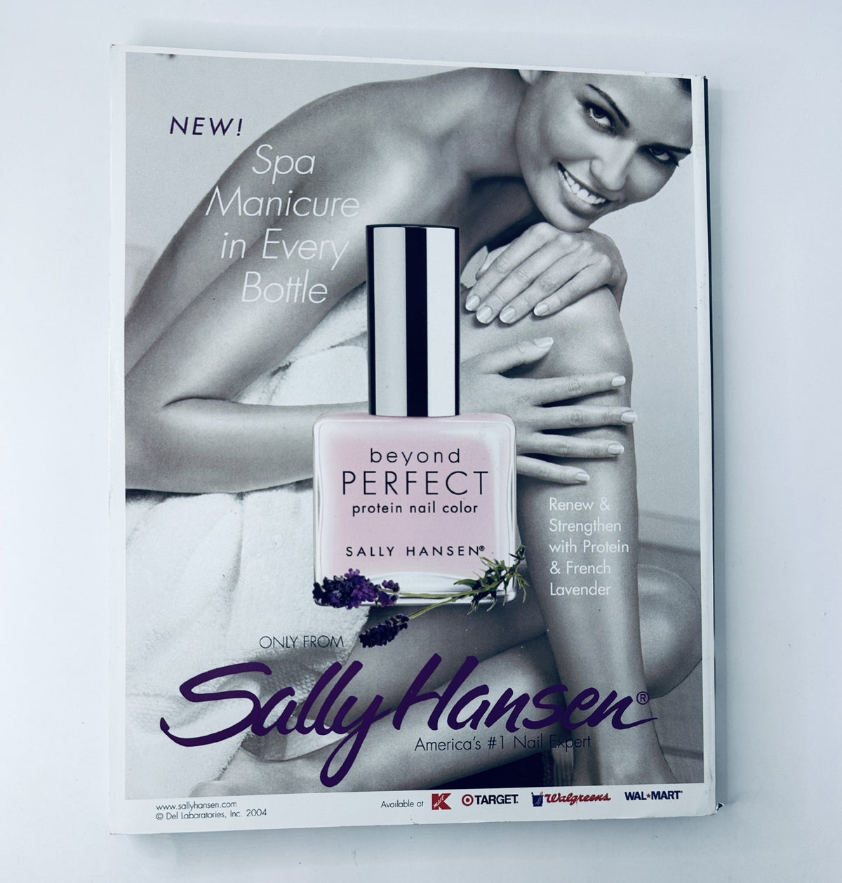 Advertisement for Sally Hansen nail polish in Miss America Magazine 2004, promoting spa manicure products with a smiling model.
