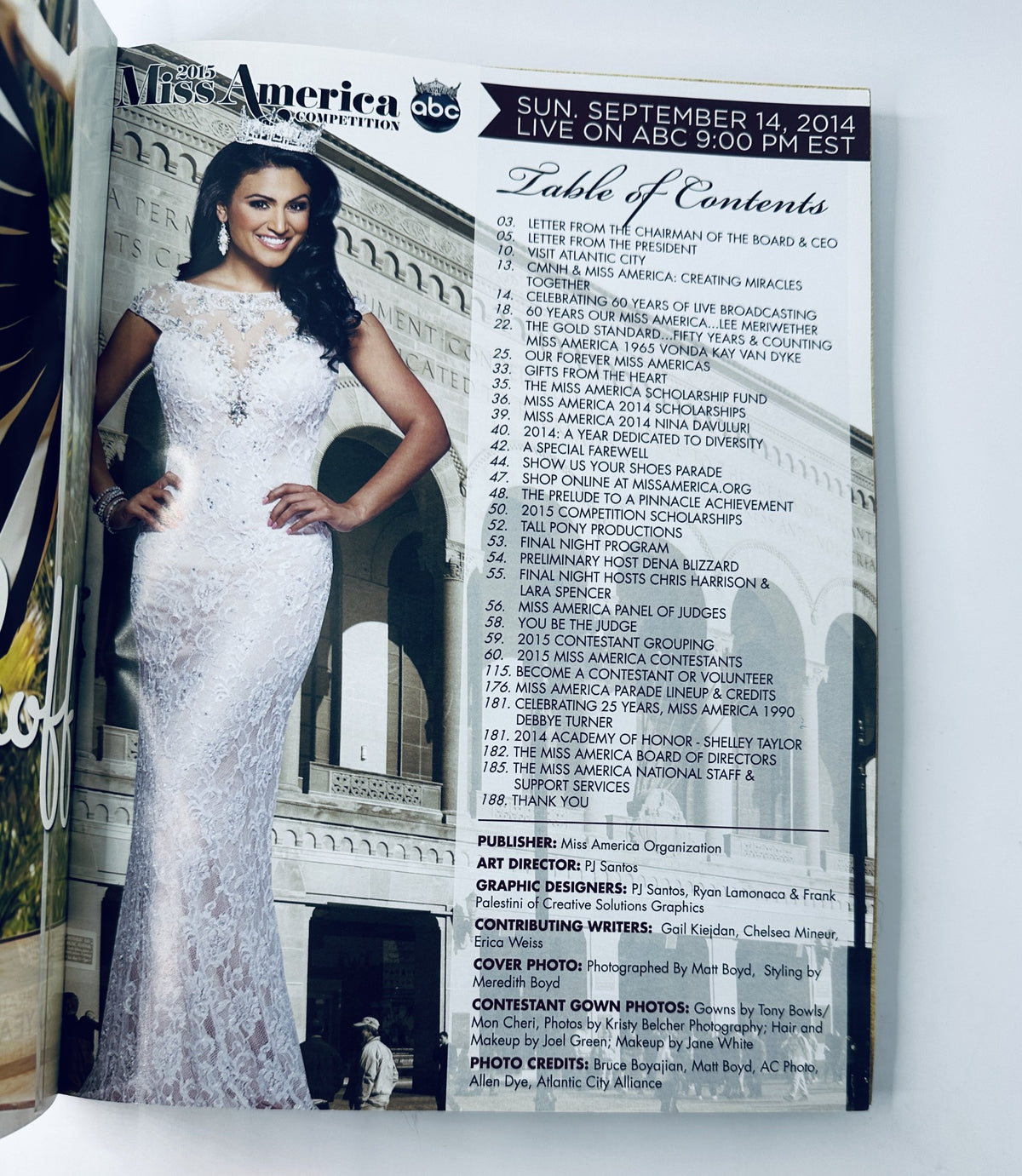 Table of contents from Miss America Magazine 2014, detailing the events and features of the show, including a letter from the CEO.