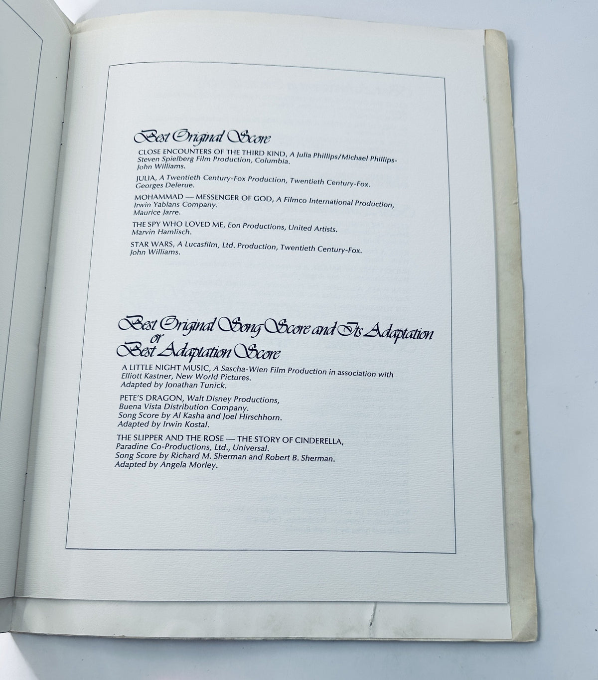 Inside page of the Academy Awards Ceremony Golden 50th Anniversary Oscar 1978 Program detailing the categories for Best Original Score and Best Original Song Score.
