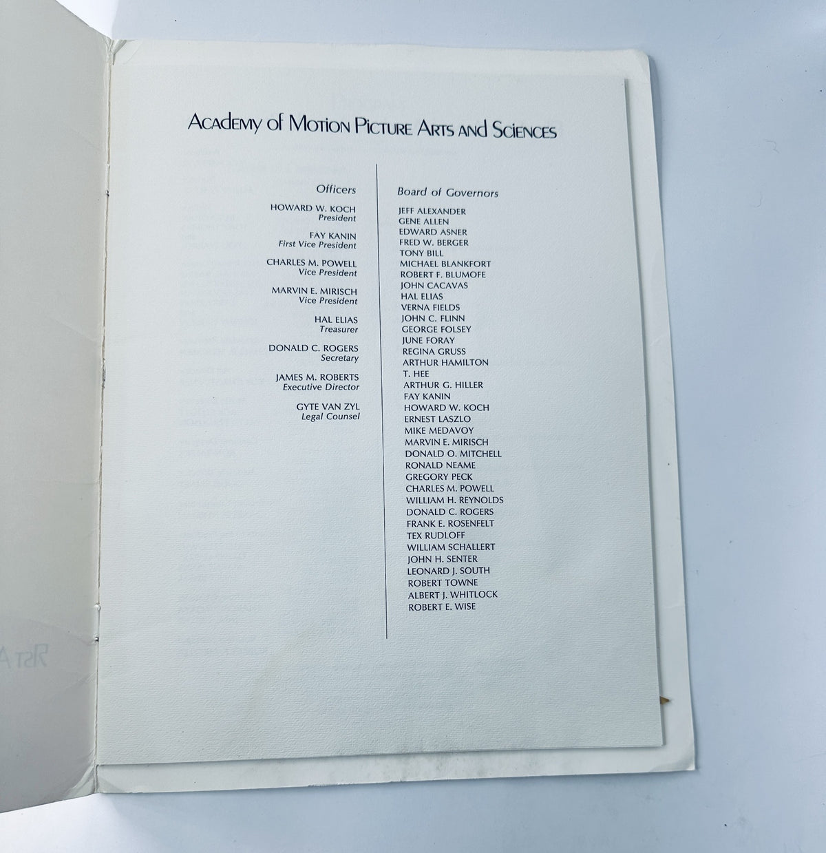 Inside page of the 51st Annual Academy Awards Magazine listing the Officers and Board of Governors of the Academy of Motion Picture Arts and Sciences.