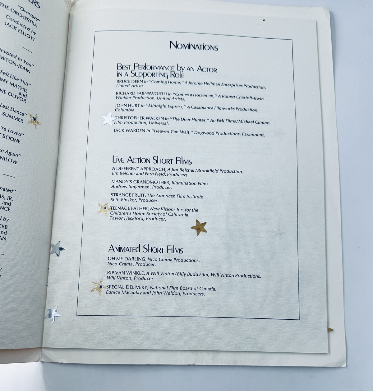 Inside page of the 51st Annual Academy Awards Magazine highlighting the nominations for Best Performance by an Actor in a Supporting Role and categories for Live Action and Animated Short Films.