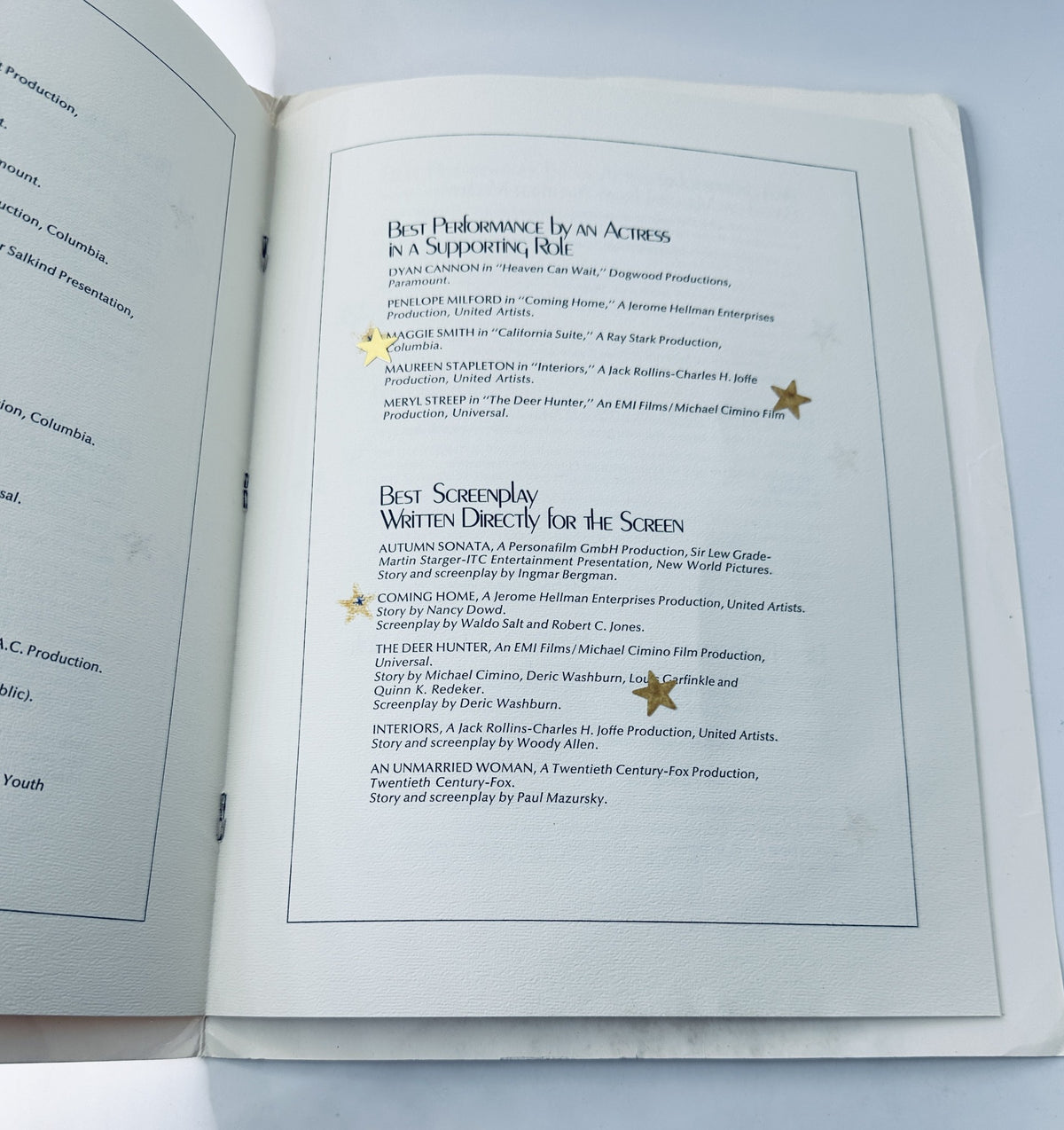 Interior page of the 51st Annual Academy Awards Magazine, showcasing the nominees for Best Performance by an Actress in a Supporting Role and Best Screenplay Written Directly for the Screen, dated April 9, 1979.