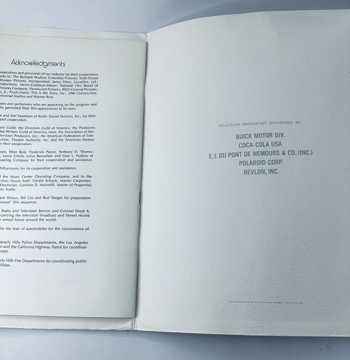Inside page featuring acknowledgments from the 52nd Annual Academy Awards Magazine, April 14, 1980 Oscars Program, sponsored by several major companies.