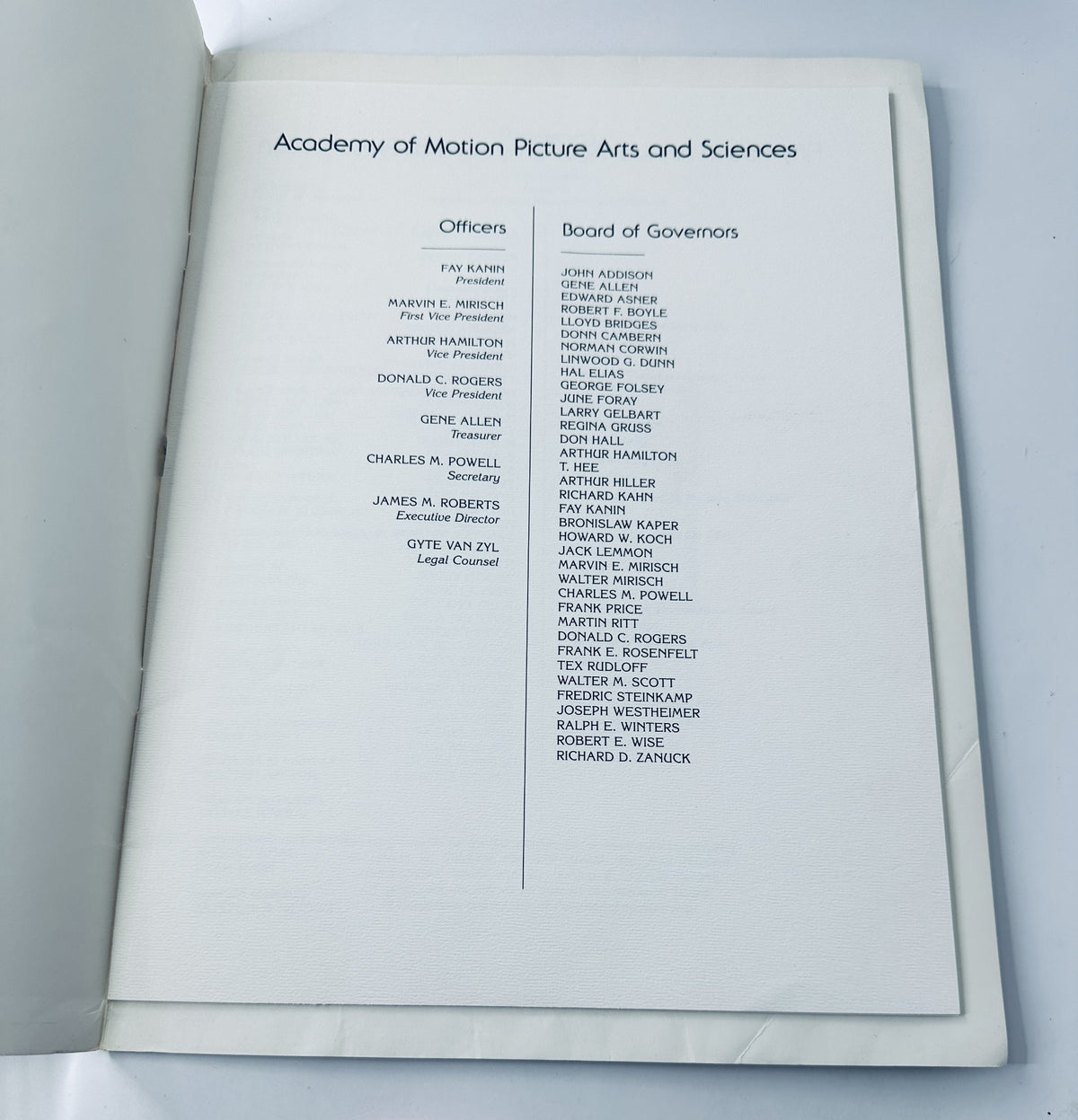 Interior page listing the Academy of Motion Picture Arts and Sciences Officers and Board of Governors in the 54th Annual Academy Awards Magazine.