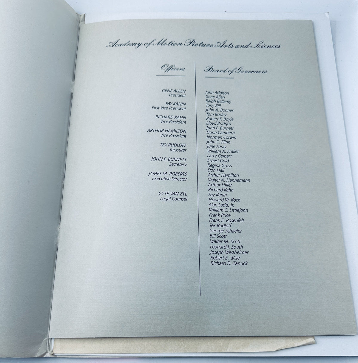 Inside page of Oscar Magazine listing the officers and board of governors from the Academy of Motion Picture Arts and Sciences for the 56th Annual Academy Awards.