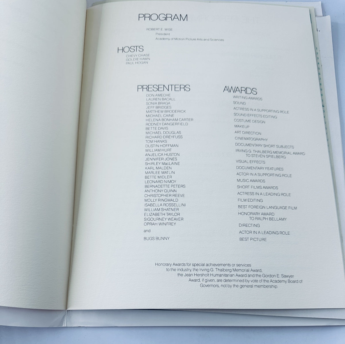 Program details page from the Oscars Night Magazine, outlining hosts, presenters, and awards for the 59th Academy Awards on March 30, 1987.