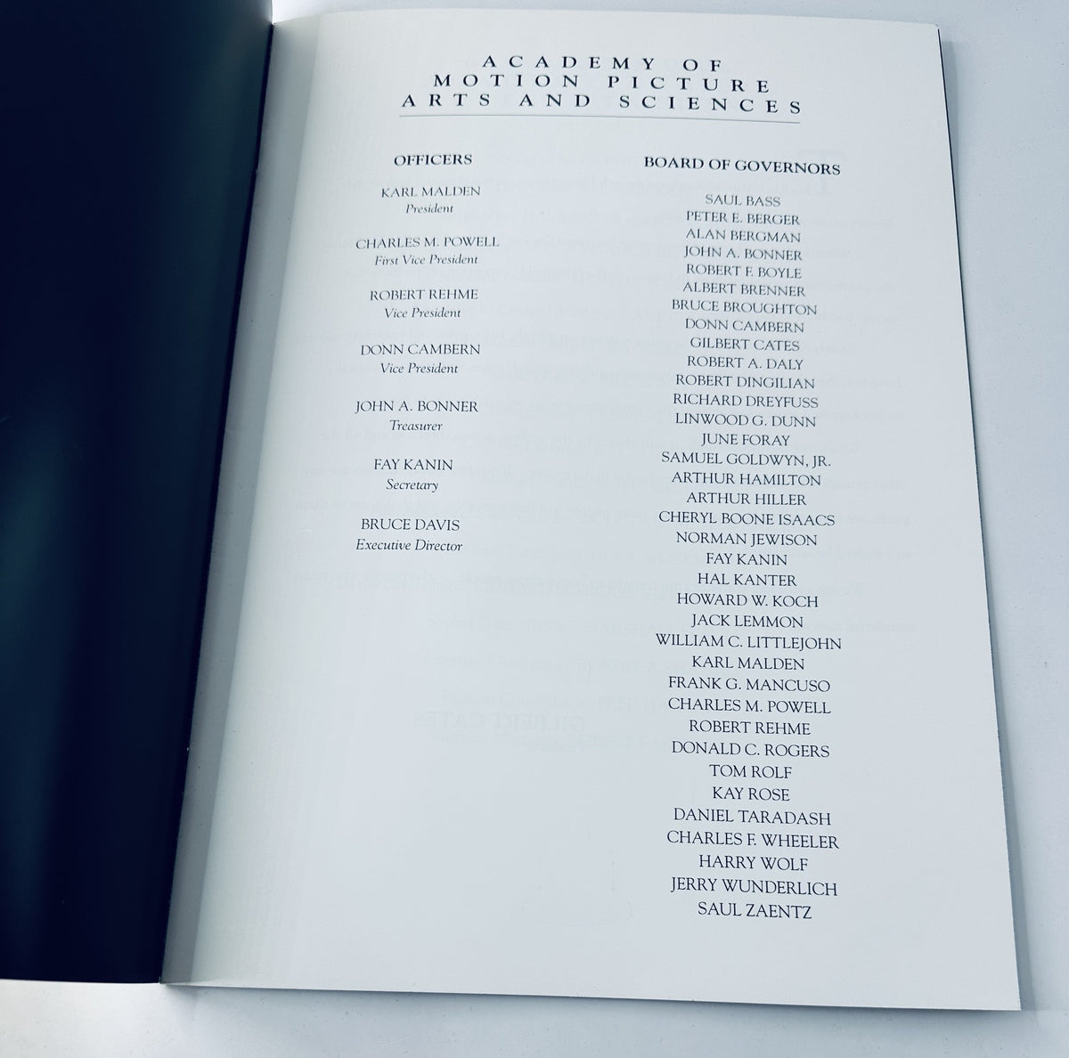 Inside page of Oscar Magazine detailing Academy of Motion Picture Arts and Sciences officers and Board of Governors, from the 63rd Annual Academy Awards 1991 Program Presentation.