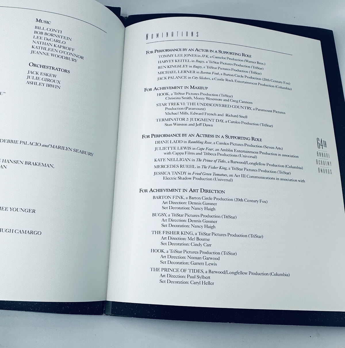 Oscar Magazine 64th Annual Academy Awards 1992 Program Nominations page showing list of nominated films and performances, in very good condition with light edge wear.