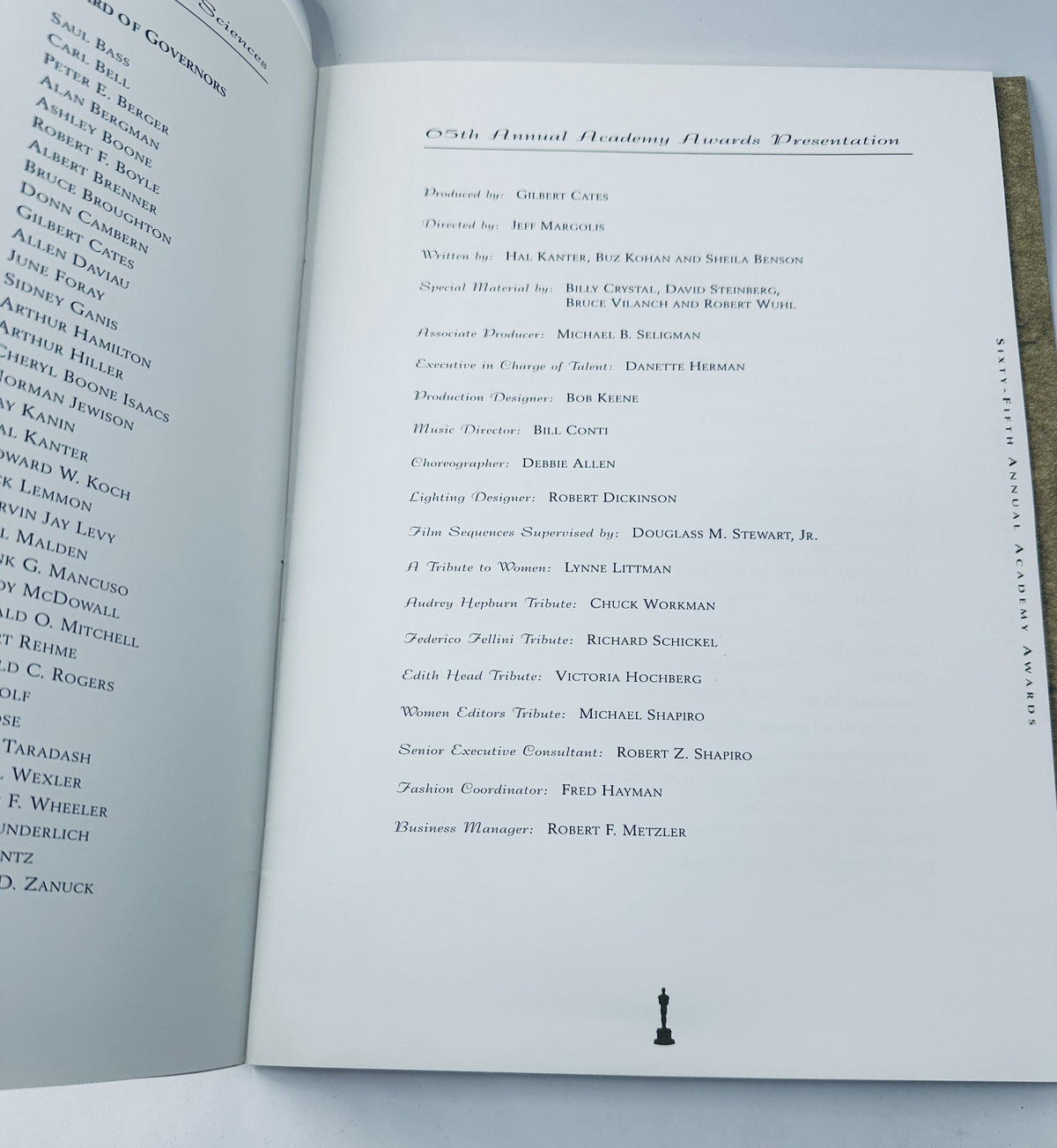 Another inside page of the Oscar 65th Annual Academy Awards 1993 Program presenting the production team and key contributors of the event, featuring a clean layout and notable names.