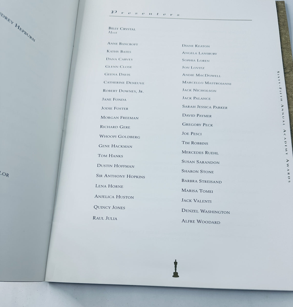 Inside page of Oscar 65th Annual Academy Awards 1993 Program showcasing the list of presenters including Billy Crystal and Anne Bancroft. The program is in very good condition with light edge wear.