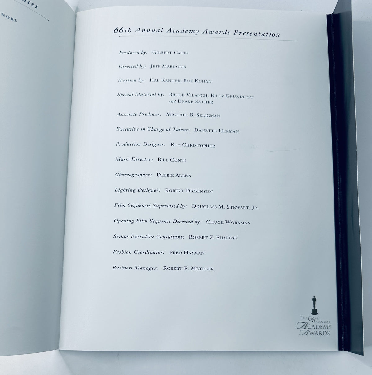Inside page of the 'Oscars 66th Annual Academy Awards 1994 Program Magazine' listing production details including producer Gilbert Cates and production designer Roy Christopher.