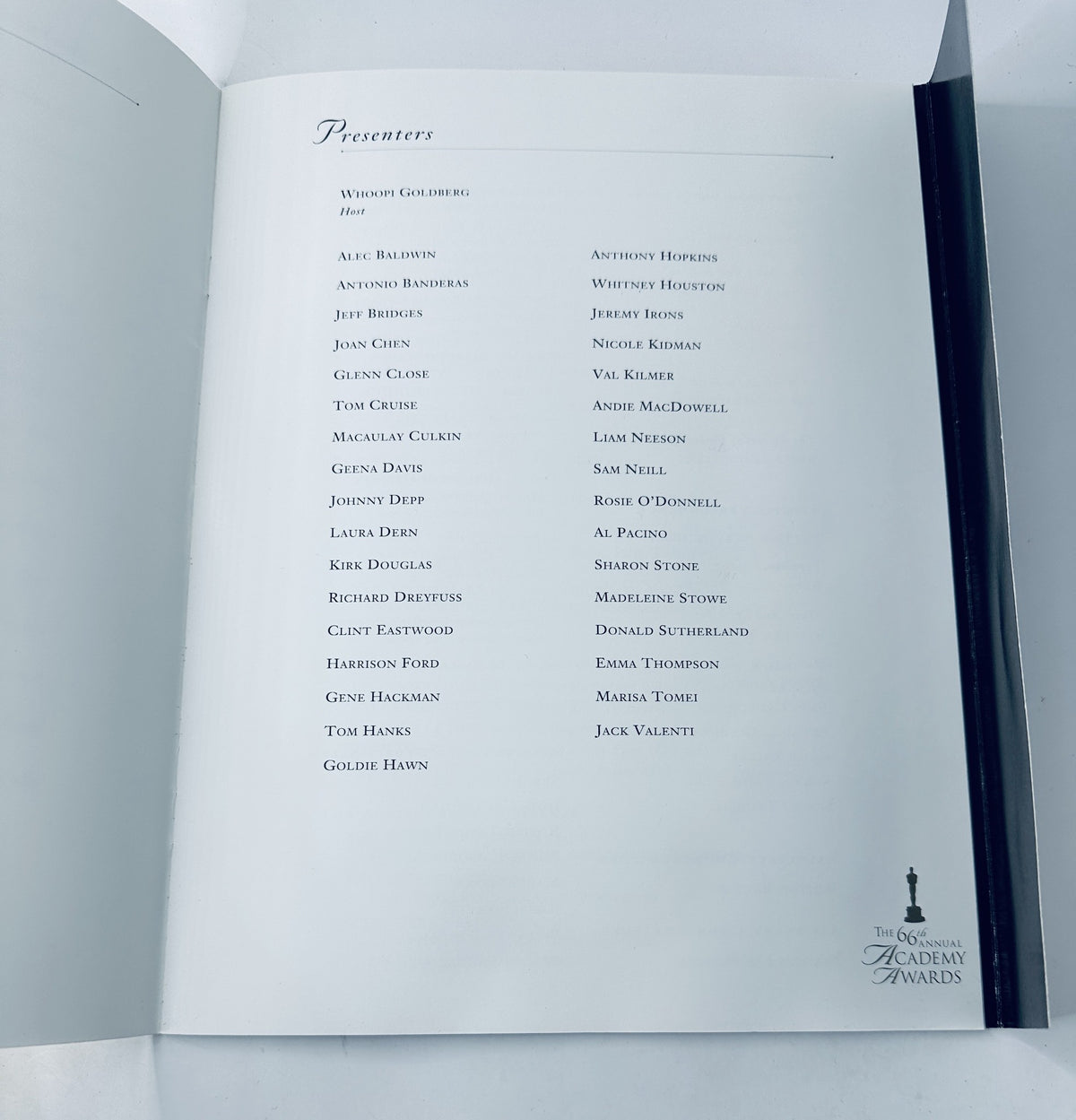 Inside page of the 'Oscars 66th Annual Academy Awards 1994 Program Magazine' showcasing the list of presenters including Whoopi Goldberg and Al Pacino.