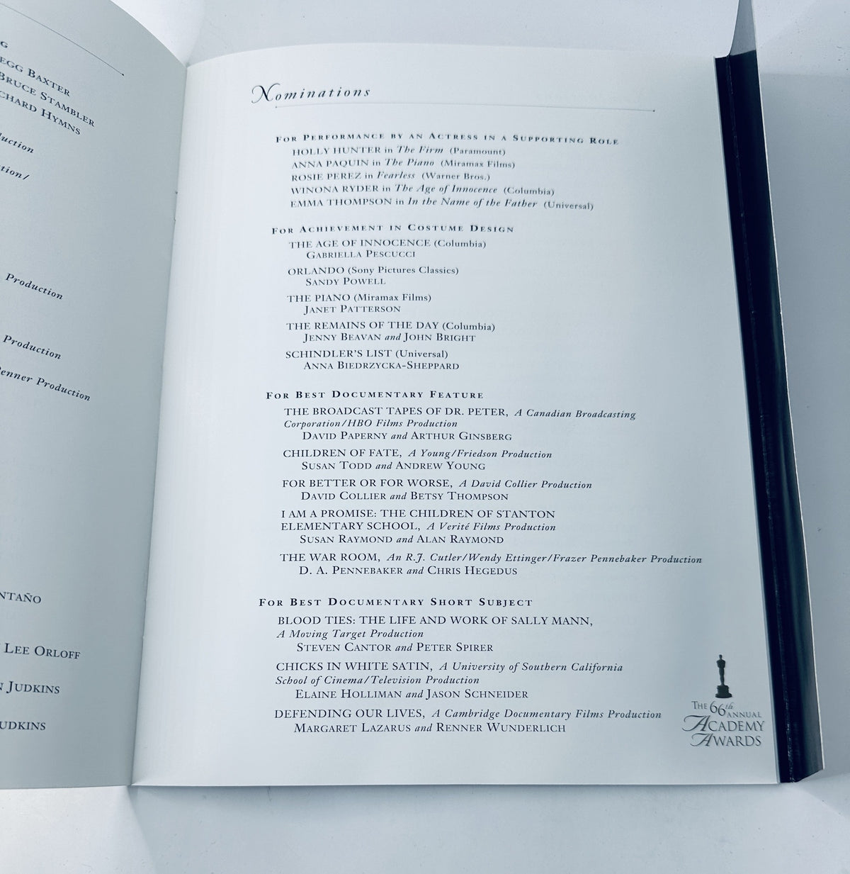 Nominations page from the Oscars 66th Annual Academy Awards 1994 Program Magazine displaying categories and nominees, including performance by an actress in a supporting role and achievement in costume design.