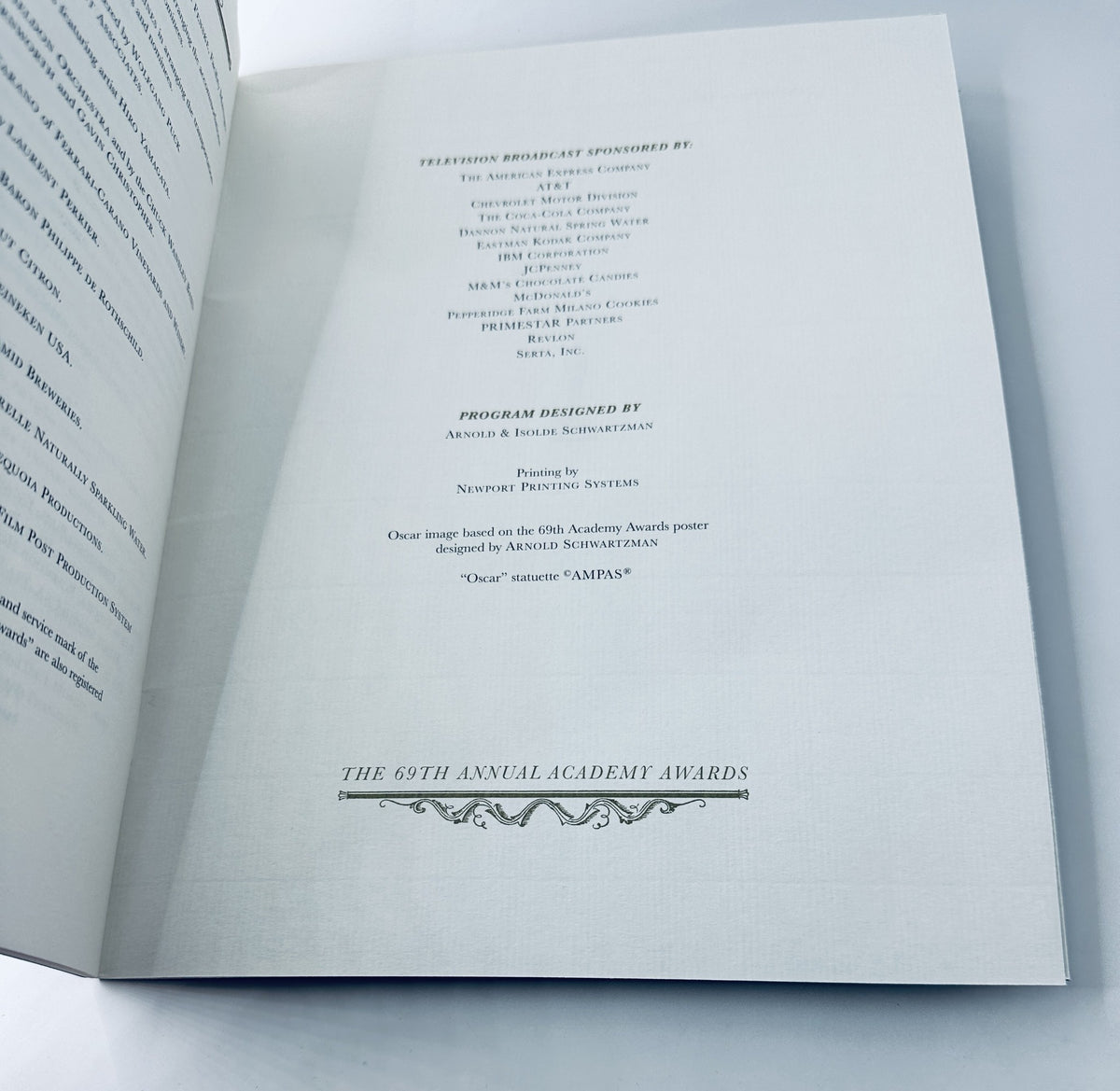 Television Broadcast sponsorship details from the Oscar 69th Annual Academy Awards Program Magazine, displaying the program design credits and printing information, dated March 24, 1997.