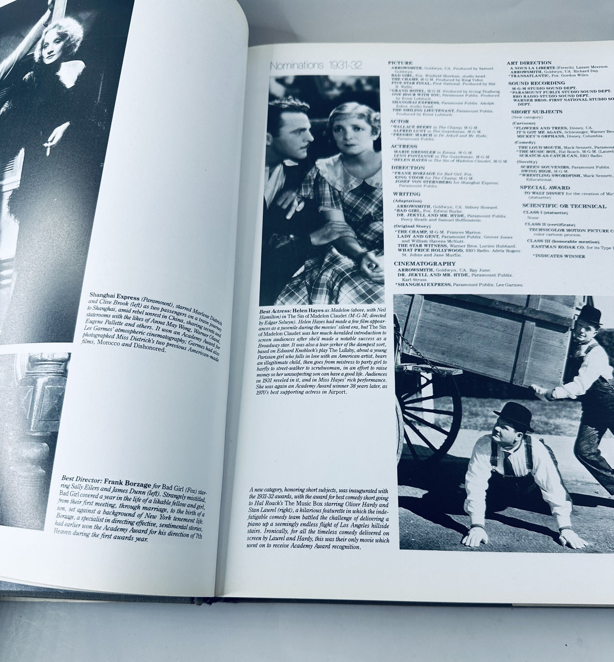 Interior page from '60 Years of the Oscar' detailing nominations from 1931-32, featuring historical film stills and awards information.