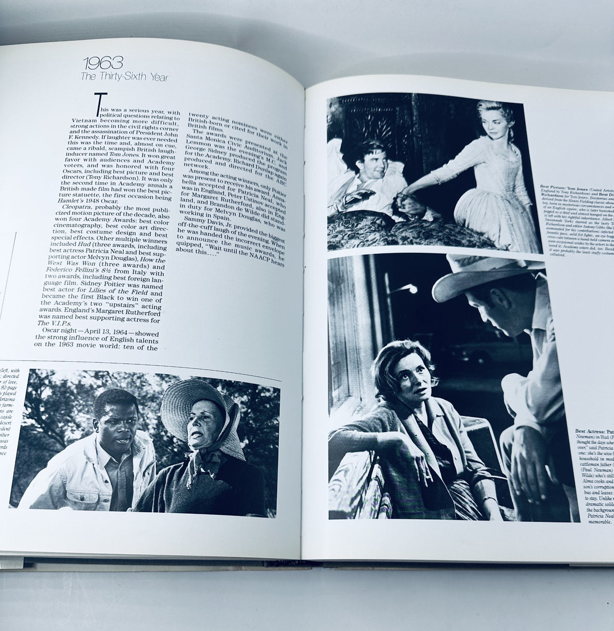 Interior page of '60 Years of the Oscar' discussing the events of 1963 Oscar ceremony, including photographs of nominated films and actors.