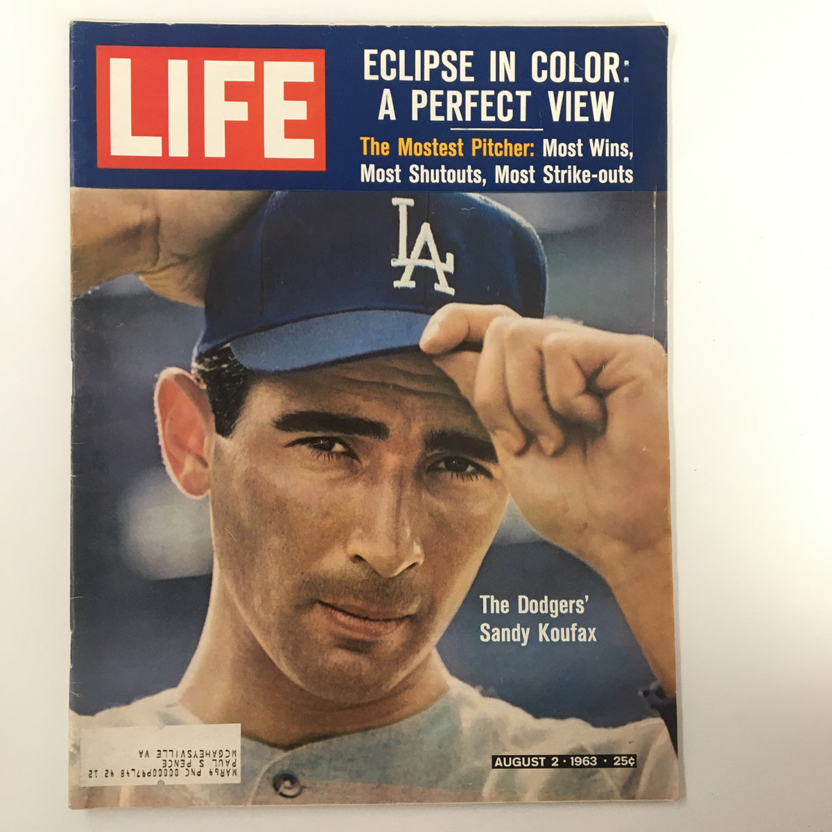 VTG Life Magazine August 2 1963 featuring The Dodgers' Sandy Koufax on the cover, showcasing a classic sports memorabilia piece from baseball history.