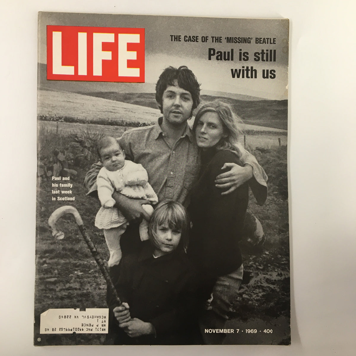 Cover of VTG Life Magazine dated November 7, 1969, featuring Paul McCartney surrounded by his family in Scotland. The magazine headline reads 'The Case of the 'Missing' Beatle - Paul is still with us'