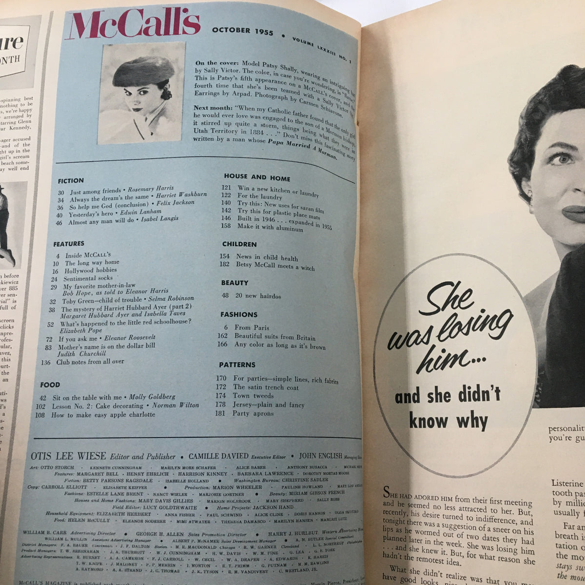 Interior page of the October 1955 VTG McCall's Magazine displaying content listings, including features and fashion sections, reflecting the magazine's focus on mid-20th century lifestyle tips.