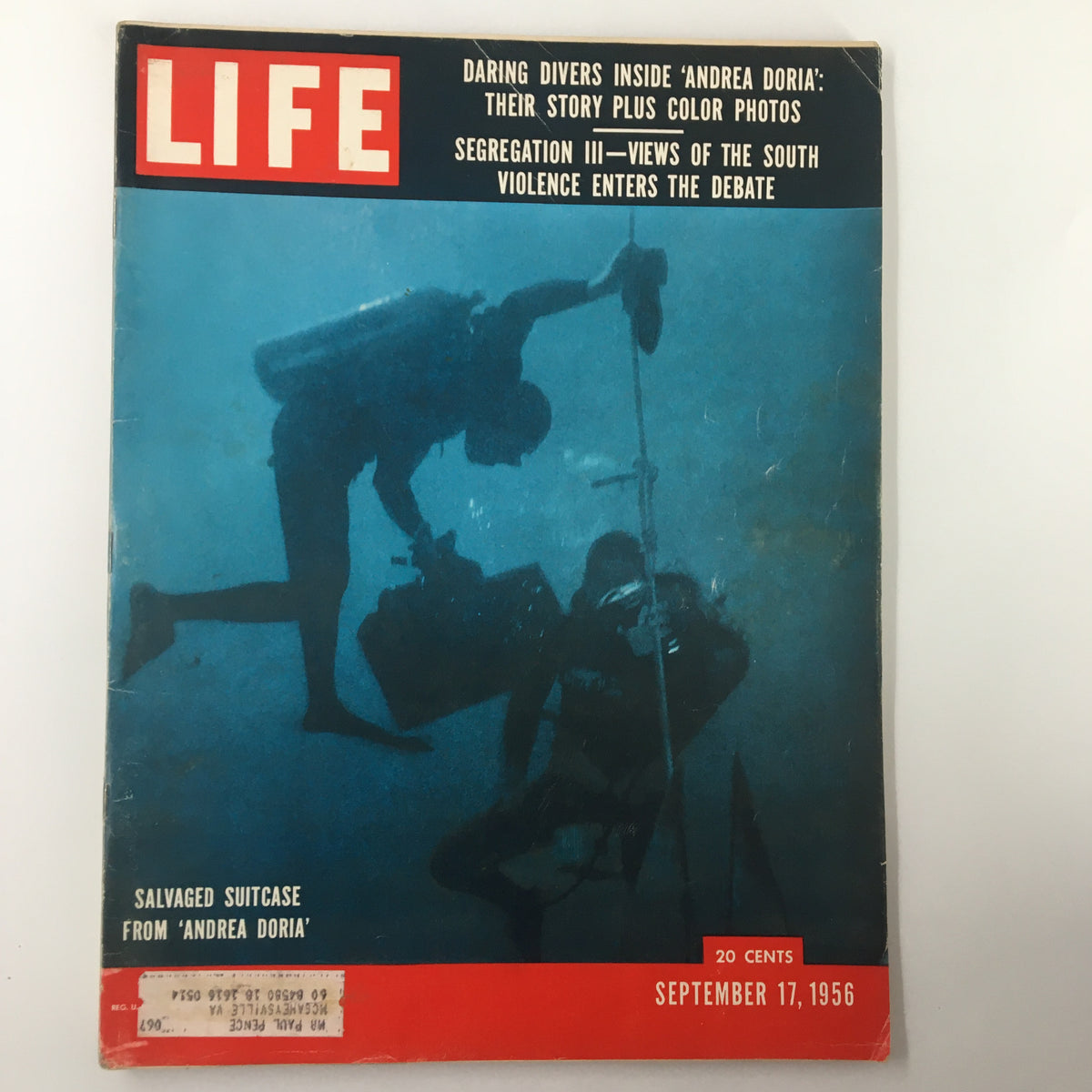 VTG Life Magazine September 17 1956 featuring underwater divers retrieving a salvaged suitcase from the 'Andrea Doria'. This cover highlights historical maritime exploration and events of the 1956 era.