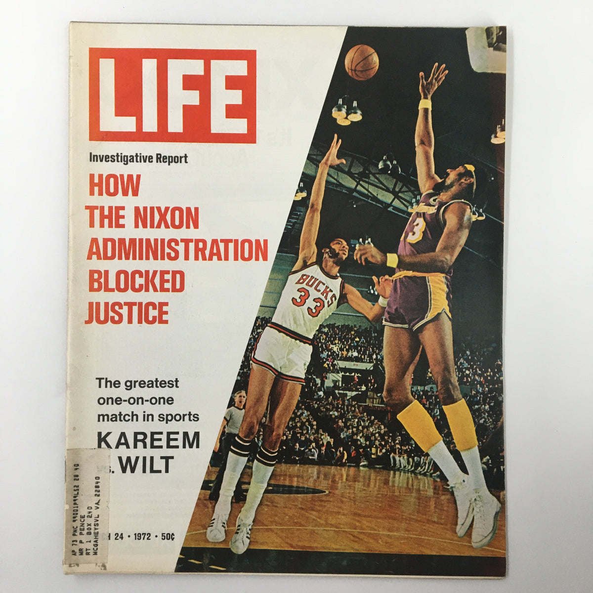 Vintage Life Magazine from March 24, 1972, featuring a cover story titled 'Kareem Abdul-Jabbar vs Wilt Chamberlain' showcasing the iconic basketball matchup in a sports setting.