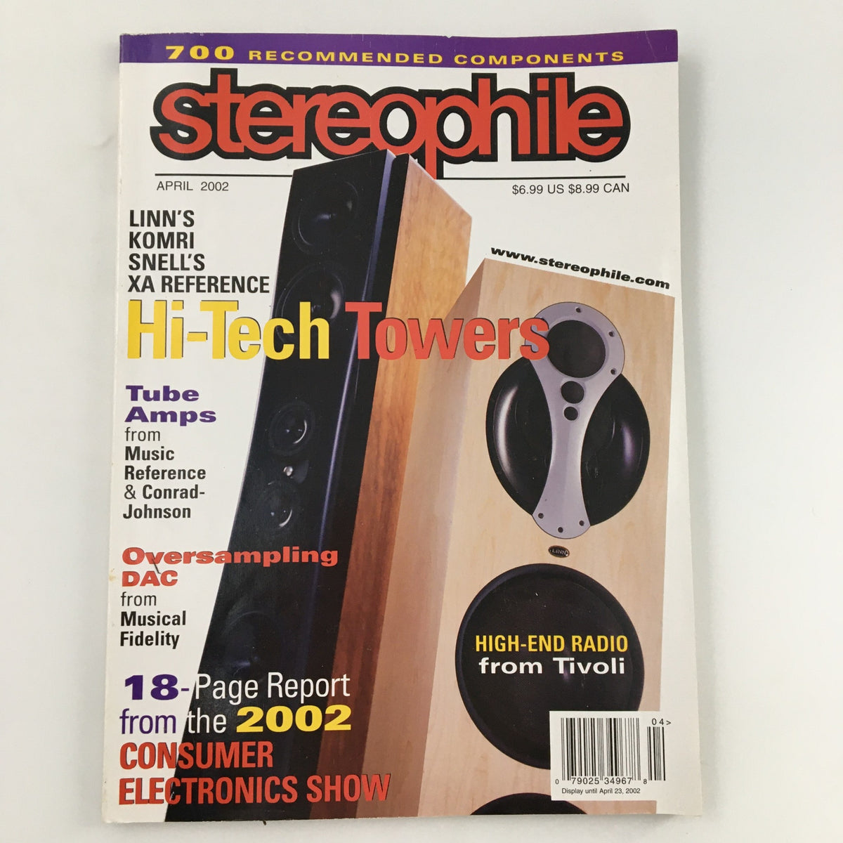 Cover of Stereophile Magazine, April 2002, featuring topics such as Tube Amps from Conrad-Johnson, Hi-Tech Towers, and an 18-Page report from the 2002 Consumer Electronics Show.