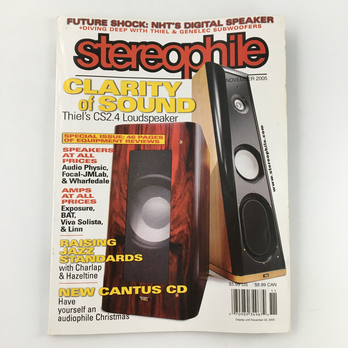 Cover of Stereophile Magazine November 2005 featuring Thiel's CS2.4 Loudspeaker. Highlights include 'Clarity of Sound' and articles on audio equipment and music standards.