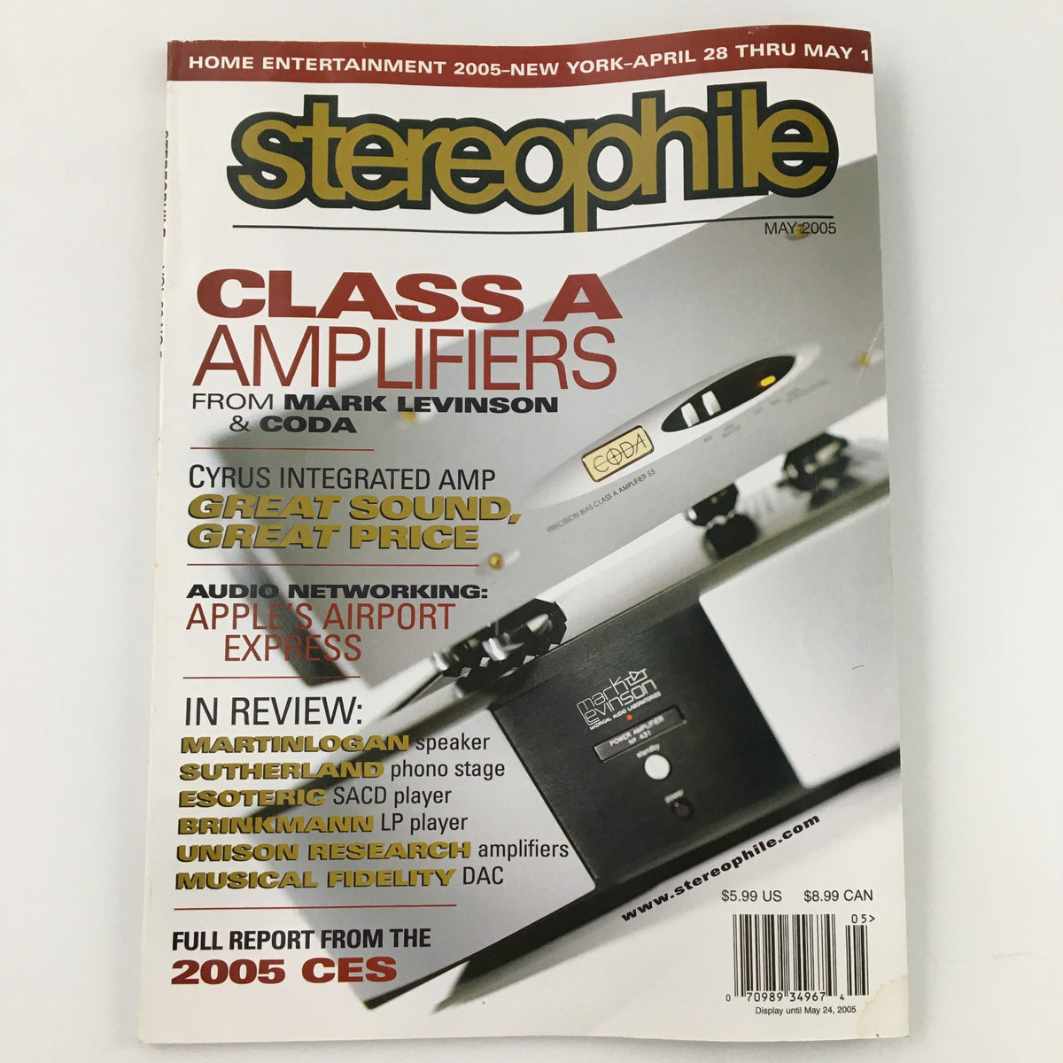 Cover of Stereophile Magazine May 2005 featuring 'Class A Amplifiers from Mark Levinson and Coda'. Highlights include a review of audio equipment and features from the 2005 CES.