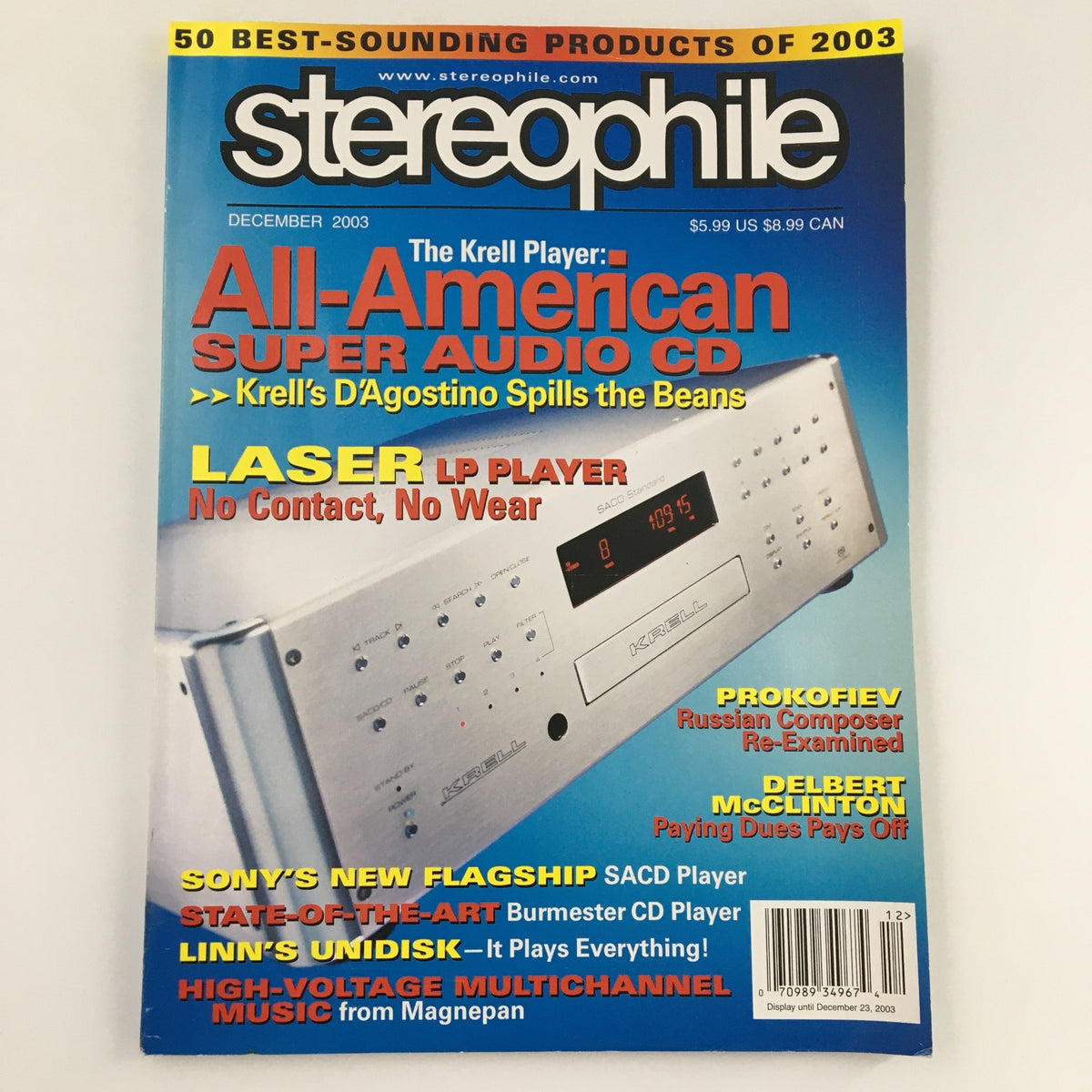 December 2003 issue of Stereophile Magazine featuring Russian composer Sergei Prokofiev, highlighting audio technology products and musical insights.