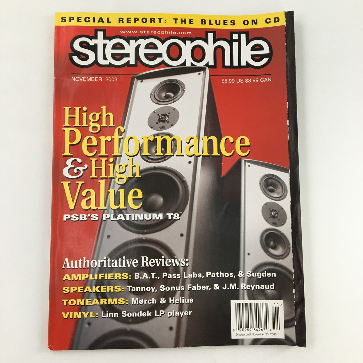Cover of Stereophile Magazine November 2003 featuring PSB's Platinum T8 high-performance speaker, highlighting authoritative reviews on amplifiers, speakers, tonearms, and vinyl.