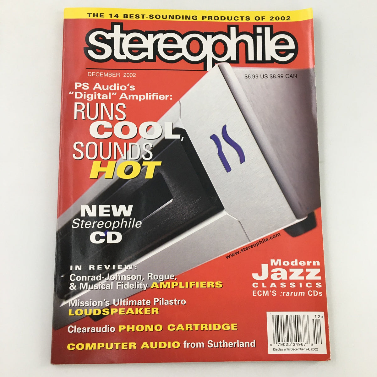 Cover of Stereophile Magazine December 2002 featuring Clearaudio Phono Cartridge, with details on PS Audio's amplifier and Modern Jazz CDs.