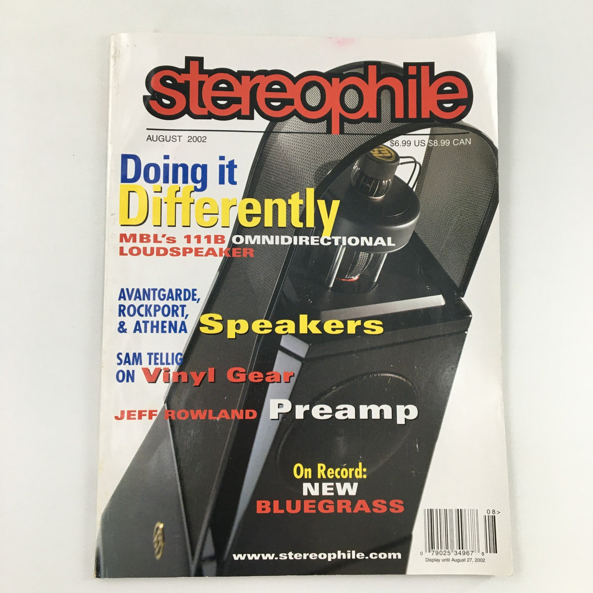 Stereophile Magazine August 2002 Bluegrass On Record feature cover, showcasing audio equipment and articles on speakers, vinyl gear, and the bluegrass music scene.