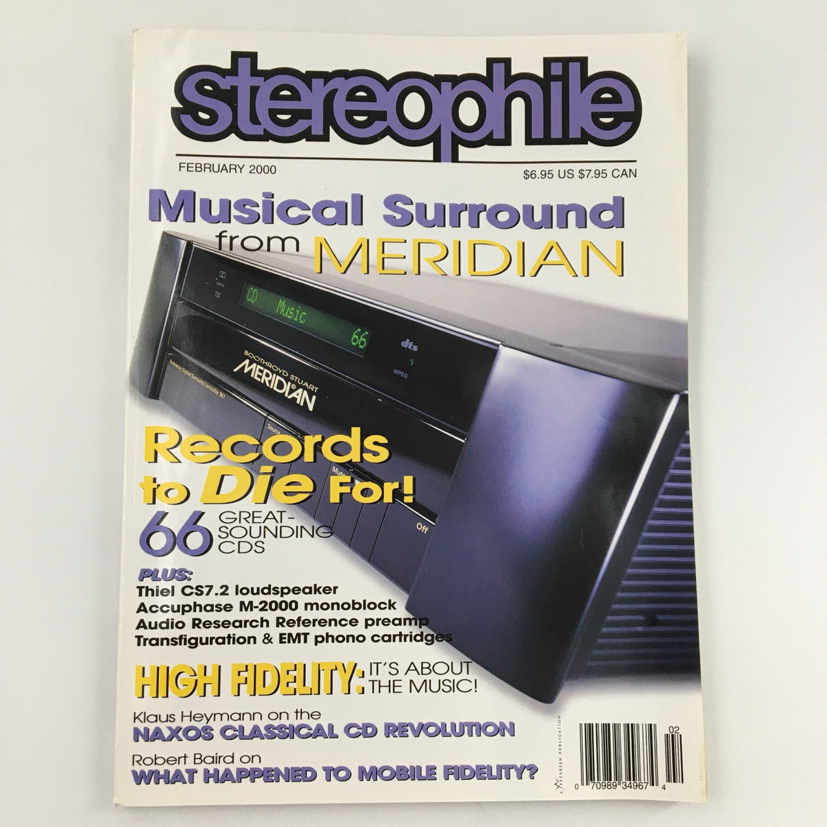 Stereophile Magazine February 2000 cover featuring a focus on high-fidelity audio with a Meridian musical surround system, highlighting Robert Baird's article on Mobile Fidelity and music quality improvement.
