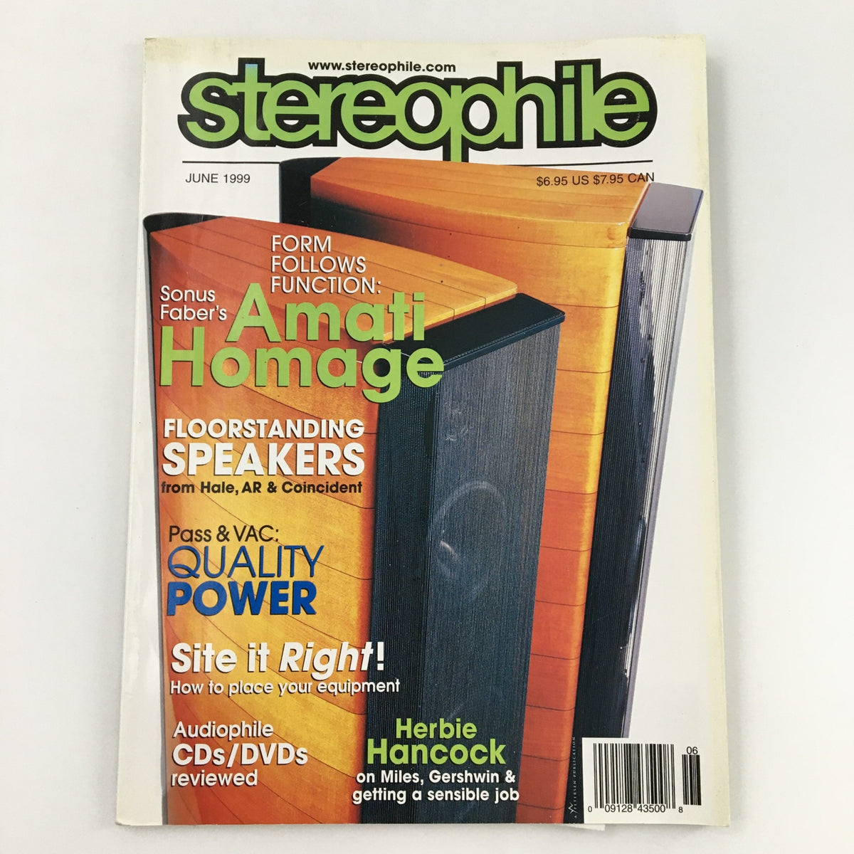 Cover of Stereophile Magazine June 1999 featuring Herbie Hancock discussing career choices, with a focus on floorstanding speakers and audiophile products.
