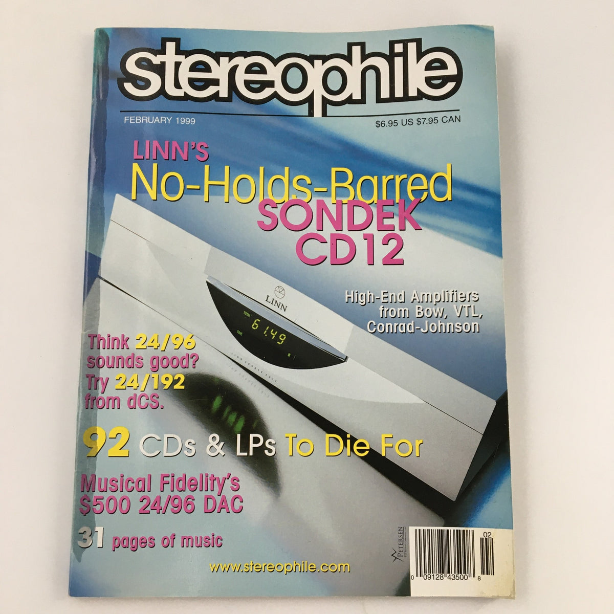 Cover of Stereophile Magazine from February 1999 featuring Linn's Sondek CD-12, with highlights on high-end amplifiers and audio technology advancements.