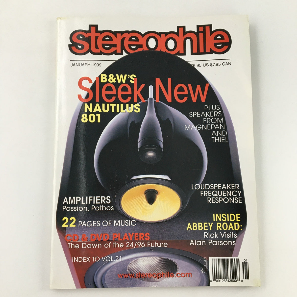 Stereophile Magazine January 1999 cover featuring a sleek B&W Nautilus 801 loudspeaker and a highlight on exclusive content 'Inside Abbey Road' with Alan Parsons. This collectible issue also covers amplifiers, CD & DVD players, and offers insights into the audio industry.