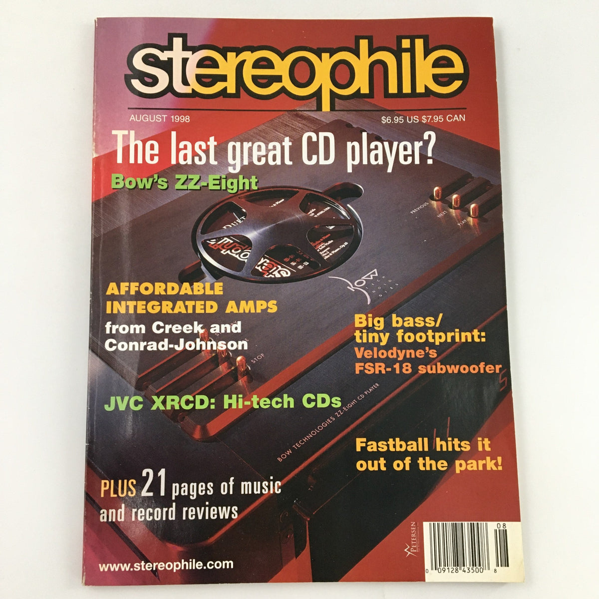 Cover of Stereophile Magazine, August 1998, featuring Velodyne's FSR-18 Subwoofer. The magazine highlights topics such as affordable integrated amps and reviews, with a bold title asking, 'The last great CD player?' and showcasing vibrant imagery and informative content on audio technology.