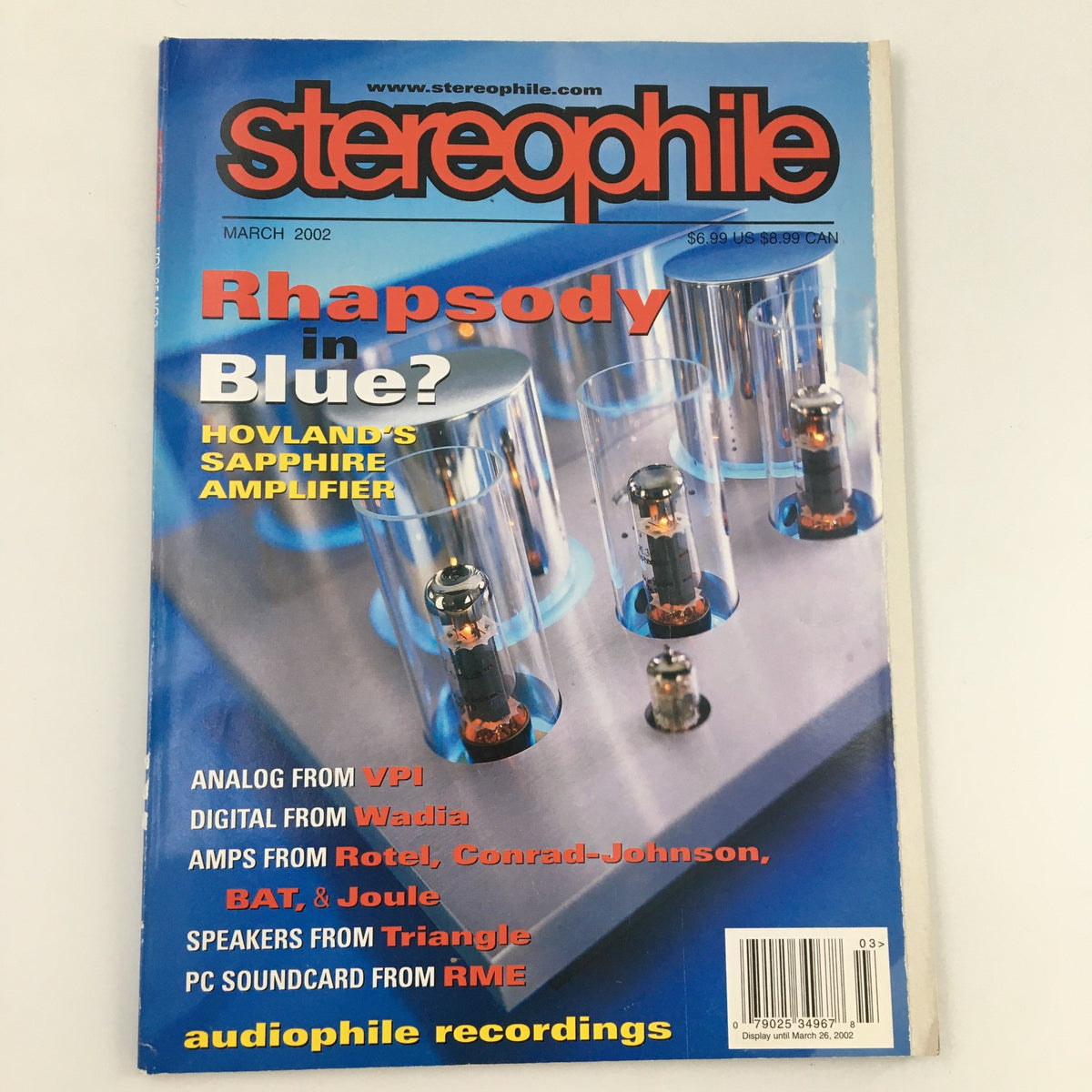 Cover of Stereophile Magazine March 2002 featuring Hovland's Sapphire Amplifier and headlines about audio technology advancements and equipment reviews.