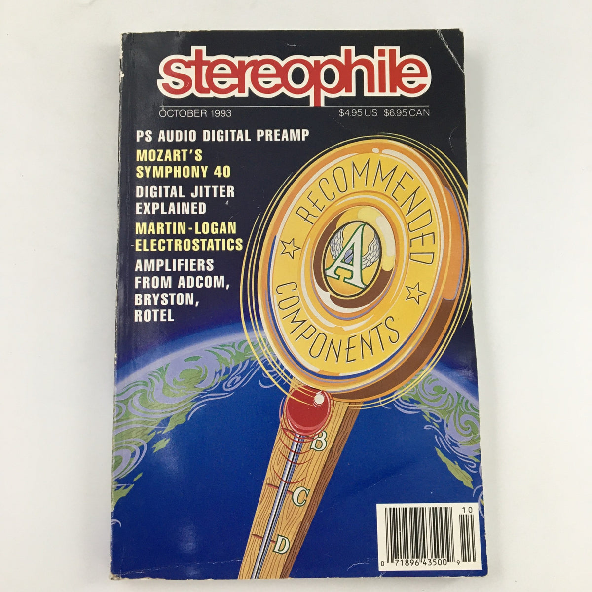 Cover of Stereophile Magazine October 1993 featuring an article on Mozart's Symphony 40, with details on PS Audio digital preamp, digital jitter explanation, and Martin-Logan electrostatic amplifiers.