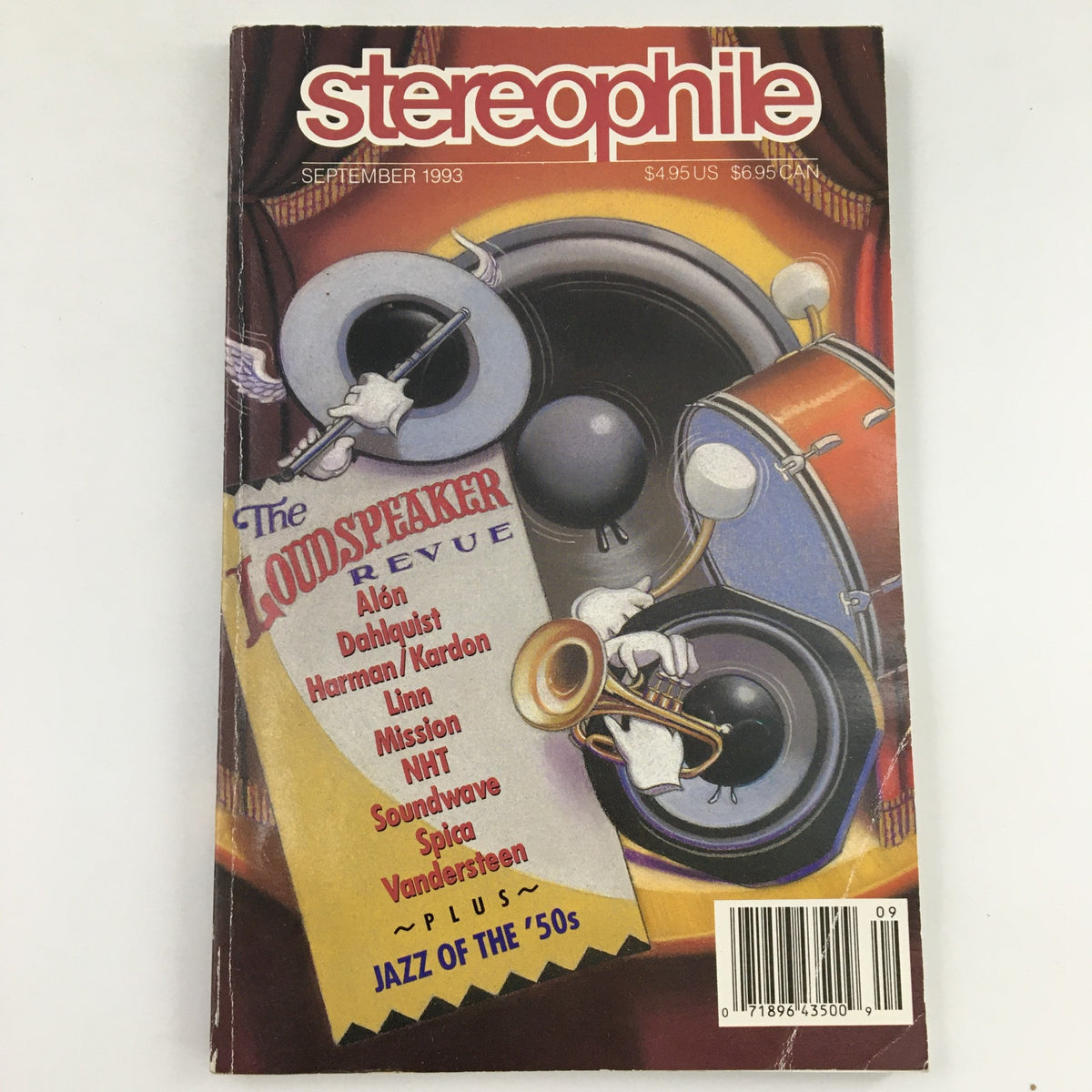 Cover of Stereophile Magazine from September 1993 featuring 'The Loudspeaker Revue' with illustrations of audio devices including a speaker, drums, and a trumpet. Highlights notable brands like Dahlquist, Harman Kardon, and others, making it an essential read for audio enthusiasts.
